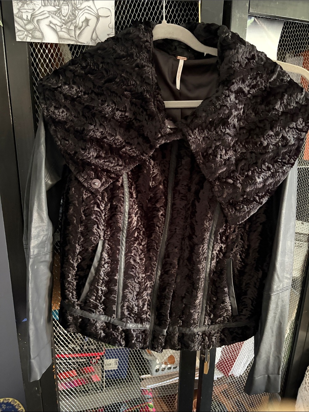 Free People Black Faux Fur Body, faux leather Sleeve Jacket